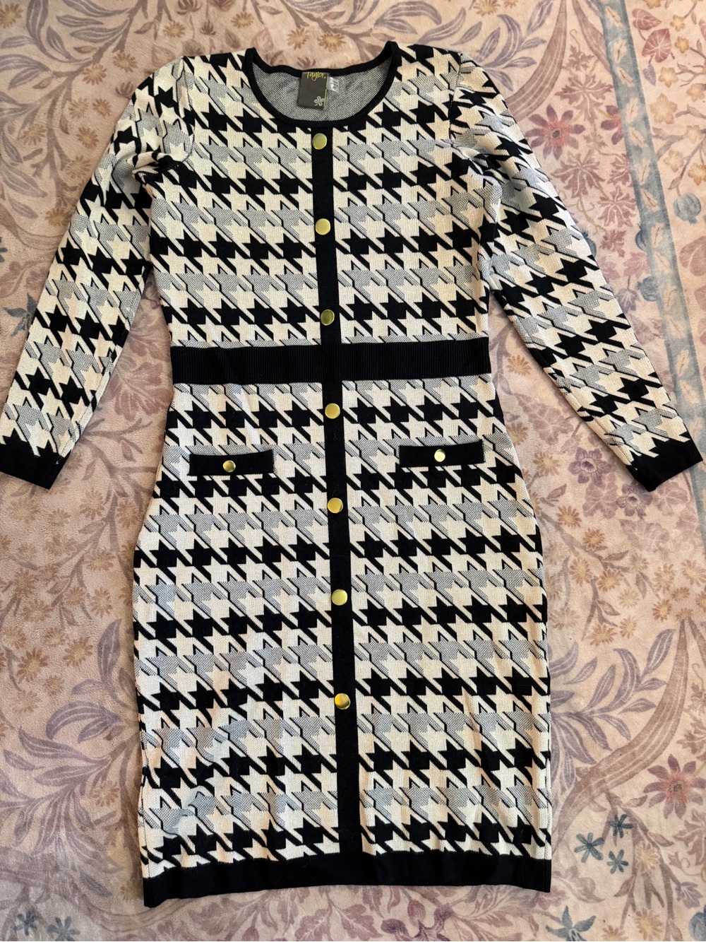 Taylor Black and White Houndstooth Knit Dress with Gold Buttons